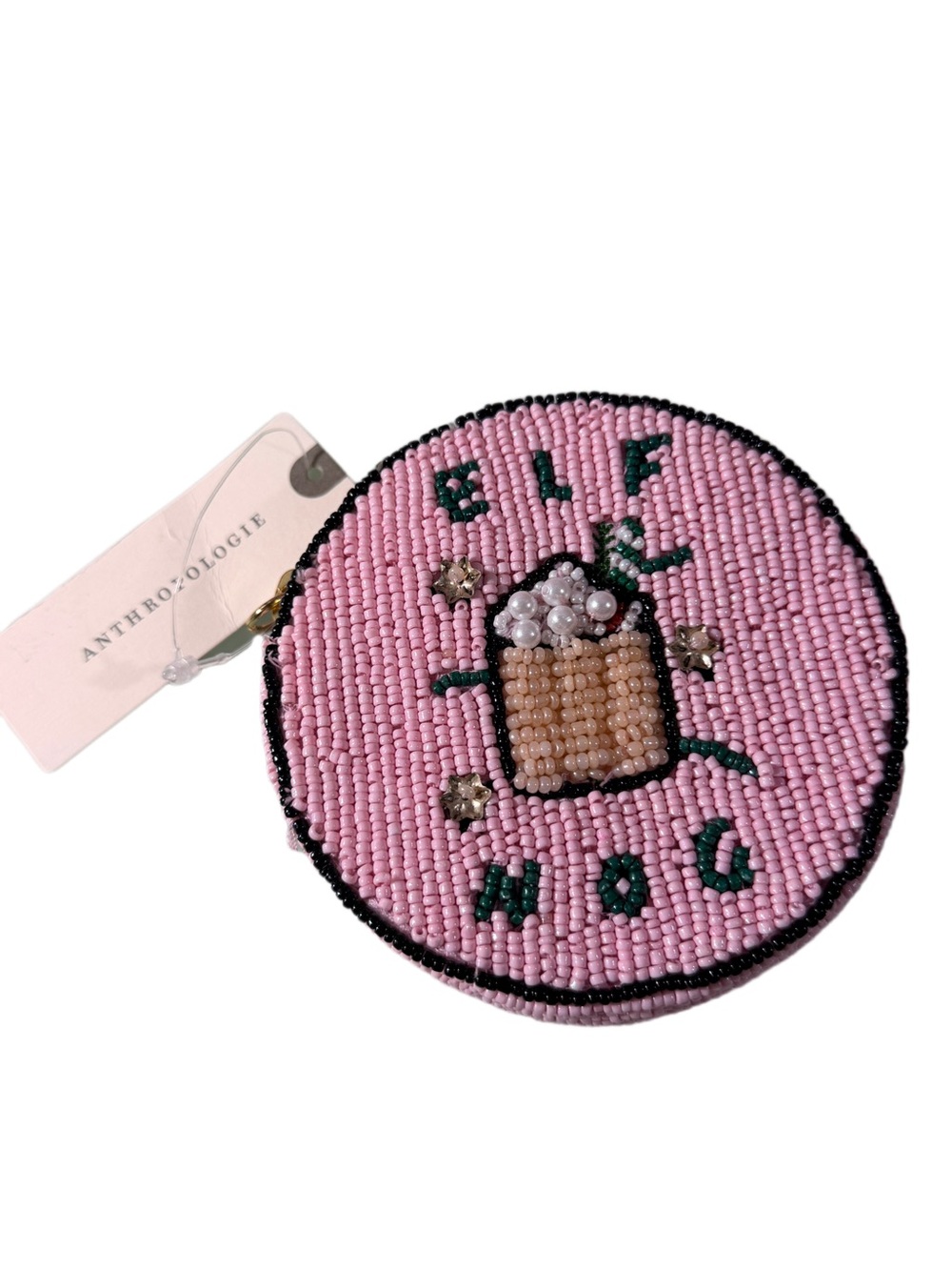 Anthropologie Pink Beaded 'Elf Nog' Round Coin Purse
